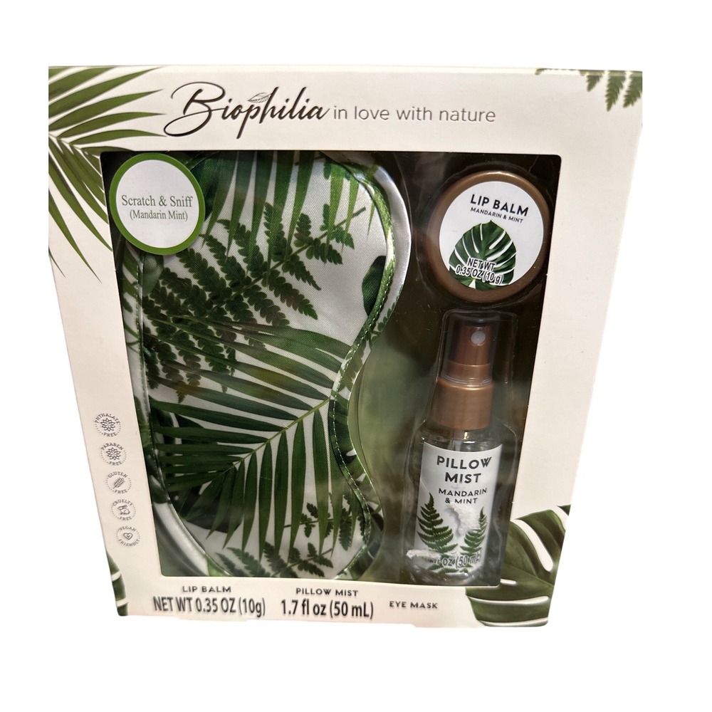 Biophilia Mandarin Mint Gift Set Eye Mask Lip Balm Pillow Mist 3pc NIB